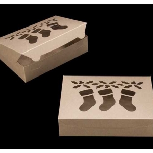 10″ x 7″ x 2 1/2″ Brown/Brown Stockings Window, Lock & Tab Holiday Box Each