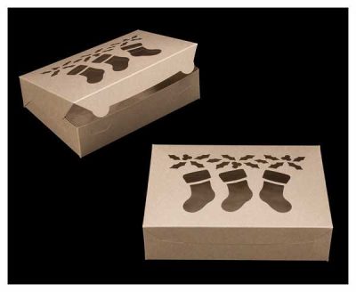 10" x 7" x 2 1/2" Brown/Brown Stockings Window, Lock & Tab Holiday Box Each
