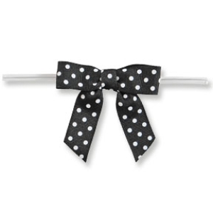 Medium Black Bow with White Dots on Clear Twistie 12 count
