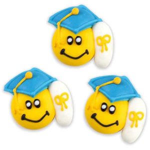 Graduation Cap Blue Smiley Royal Icing 6 count