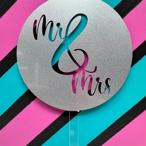 Mr & Mrs Script Silver Glitter Acrylic Wedding Topper each