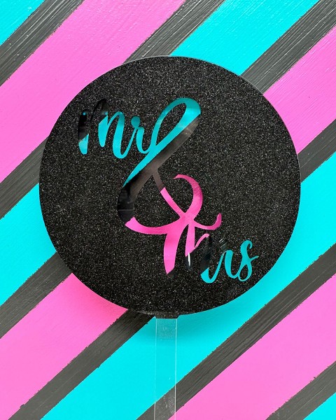 Mr & Mrs Script Black Glitter Acrylic Wedding Topper each
