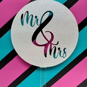 Mr & Mrs Script White Glitter Acrylic Wedding Topper each