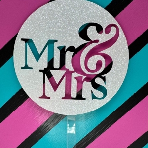 Mr & Mrs Fancy Block Script White Glitter Acrylic Wedding Topper each