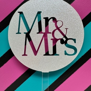 Mr & Mrs Block Script White Glitter Acrylic Wedding Topper each