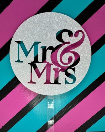 Mr & Mrs Fancy Block Script White Glitter Acrylic Wedding Topper each