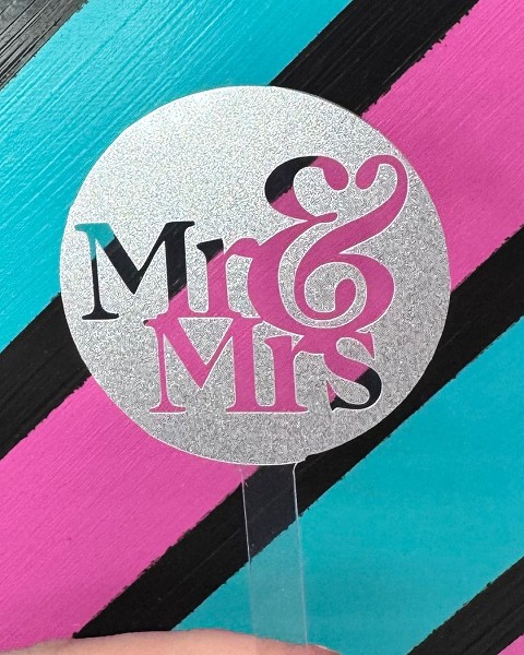 Mr & Mrs Fancy Block Script Silver Glitter Acrylic Cupcake Topper 12 count