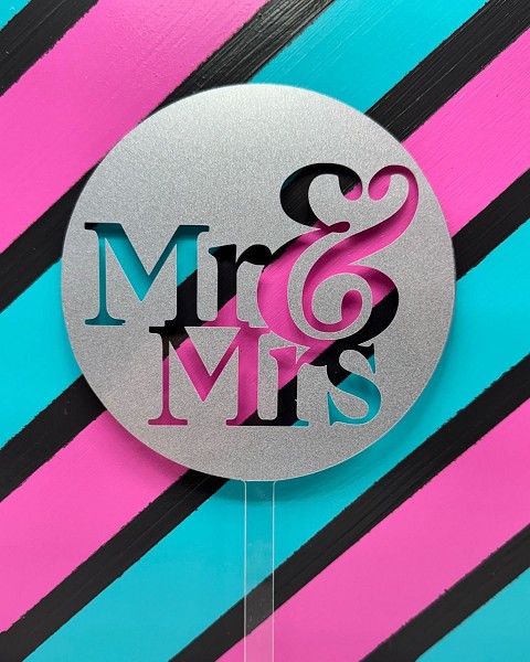 Mr & Mrs Fancy Block Script Silver Glitter Acrylic Wedding Topper each