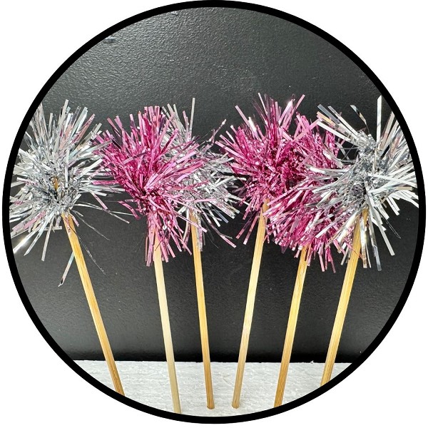 Pink and Silver Foil Firework Cupcake Toppers Gold Sparkle Tinsel Cake Toppers New Years Cake Decoration Cocktail Fruit Toothpick for Birthday Wedding Graduation Party 6 CT