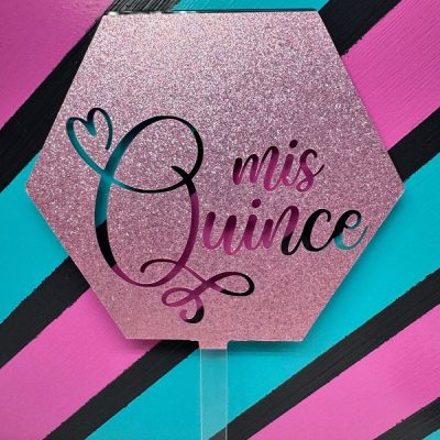 Mis Quince Pink Glitter Hexagon Acrylic Cake Topper each