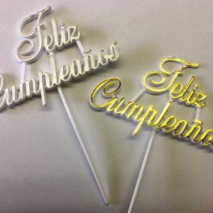 Feliz Cumpleanos Gold or Silver Color Pick 4 ” x 2 1/2″ Each