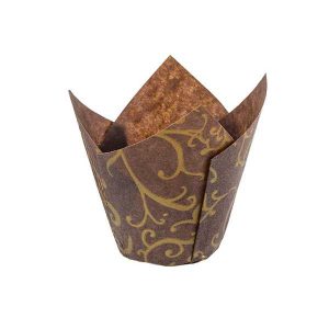Brown Scroll Print Tulip Cup 2″ Base 1-1/8 to 3-1/2 approx 50 count