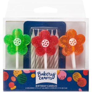 Glitter Flower Candle Holder w/candle Each
