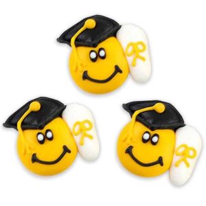 Graduation Cap Black Smiley Royal Icing 6 count