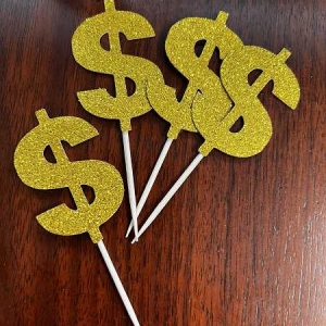 Gold Dollar Sign Cupcake Picks 12 count