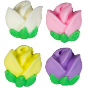 Mini Pastel Flower Buds w/ Green Stems 5/8″ Royal Icing 12 count
