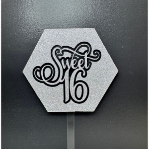 Sweet 16 Silver Glitter Hexagon Acrylic Cake Topper each