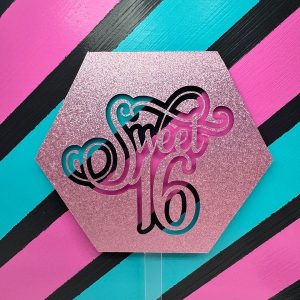 Sweet 16 Pink Glitter Hexagon Acrylic Cake Topper each