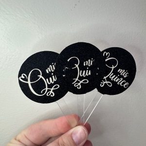 Mis Quince Black Glitter Round Acrylic Cupcake Toppers 12 count