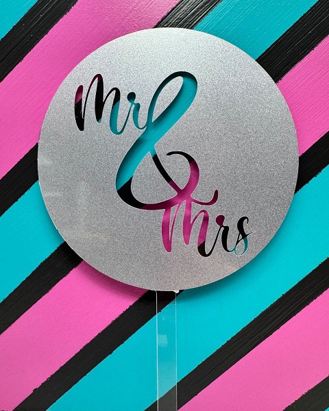 Mr & Mrs Script Silver Glitter Acrylic Wedding Topper each
