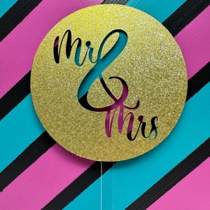 Mr & Mrs Script Gold Glitter Acrylic Wedding Topper each