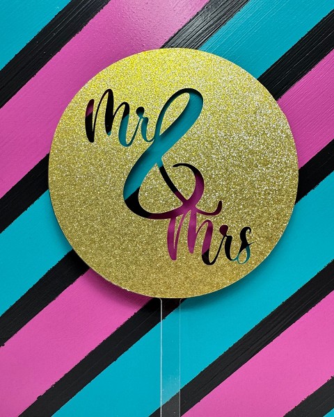 Mr & Mrs Script Gold Glitter Acrylic Wedding Topper each