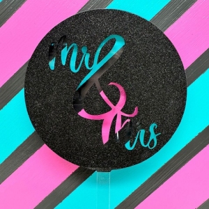 Mr & Mrs Script Black Glitter Acrylic Wedding Topper each