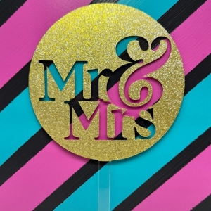 Mr & Mrs Fancy Block Script Gold Glitter Acrylic Wedding Topper each
