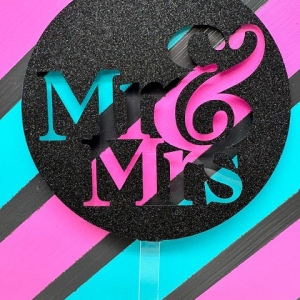 Mr & Mrs Fancy Block Script Black Glitter Acrylic Wedding Topper each