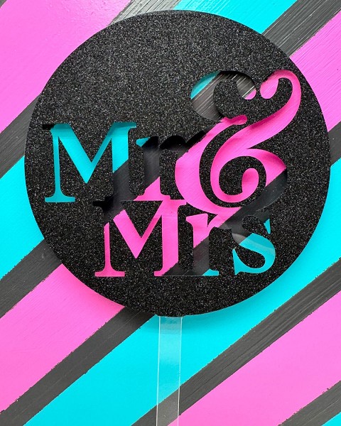 Mr & Mrs Fancy Block Script Black Glitter Acrylic Wedding Topper each