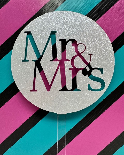 Mr & Mrs Block Script White Glitter Acrylic Wedding Topper each