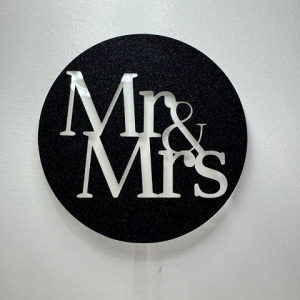 Mr & Mrs Block Script Black Glitter Acrylic Cupcake Topper 12 count