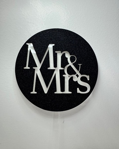 Mr & Mrs Block Script Black Glitter Acrylic Cupcake Topper 12 count