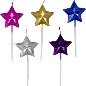 Metallic Star Candles On Picks Set 5 Candles per set