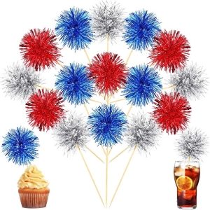 Red, Silver and Blue Foil Firework Cupcake Toppers, Sparkle Tinsel Cake Toppers New Years Cake Decoration Cocktail Fruit Toothpick for Birthday Wedding Graduation Party 6 CT