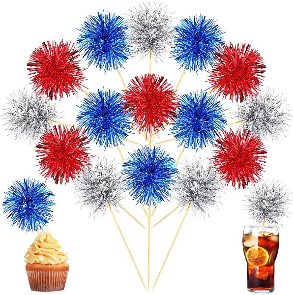 Red, Silver and Blue Foil Firework Cupcake Toppers, Sparkle Tinsel Cake Toppers New Years Cake Decoration Cocktail Fruit Toothpick for Birthday Wedding Graduation Party 6 CT