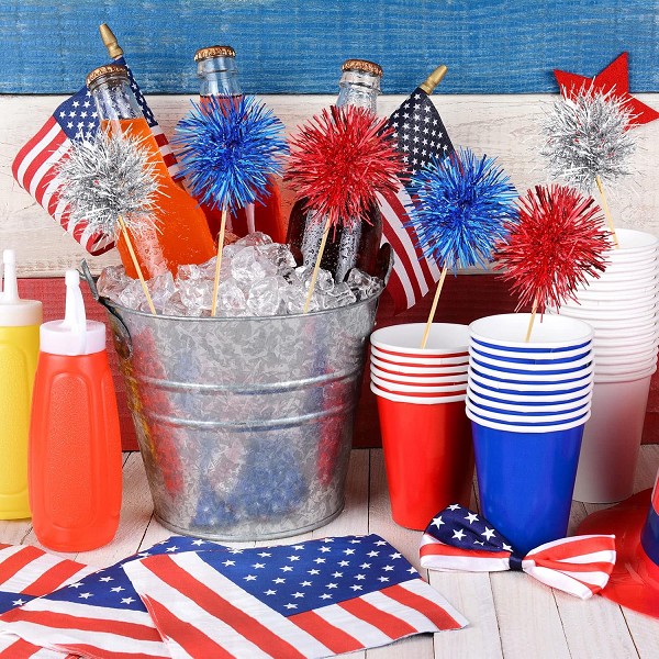 Red, Silver and Blue Foil Firework Cupcake Toppers, Sparkle Tinsel Cake Toppers New Years Cake Decoration Cocktail Fruit Toothpick for Birthday Wedding Graduation Party 6 CT - Image 2