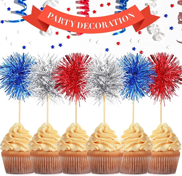 Red, Silver and Blue Foil Firework Cupcake Toppers, Sparkle Tinsel Cake Toppers New Years Cake Decoration Cocktail Fruit Toothpick for Birthday Wedding Graduation Party 6 CT - Image 3