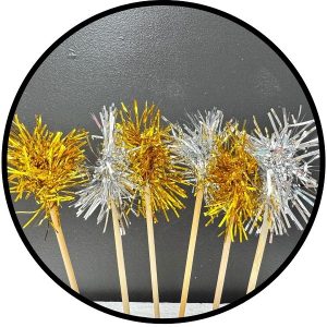 Gold and Silver Foil Firework Cupcake Toppers Gold Sparkle Tinsel Cake Toppers New Years Cake Decoration Cocktail Fruit Toothpick for Birthday Wedding Graduation Party 6 CT