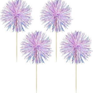 Iridescent Foil Firework Cupcake Toppers Gold Sparkle Tinsel Cake Toppers New Years Cake Decoration Cocktail Fruit Toothpick for Birthday Wedding Graduation Party 6 CT