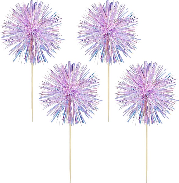 Iridescent Foil Firework Cupcake Toppers Gold Sparkle Tinsel Cake Toppers New Years Cake Decoration Cocktail Fruit Toothpick for Birthday Wedding Graduation Party 6 CT