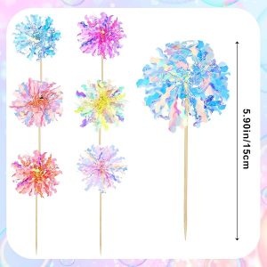 Iridescent Rainbow Foil Firework Cupcake Toppers Gold Sparkle Tinsel Cake Toppers New Years Cake Decoration Cocktail Fruit Toothpick for Birthday Wedding Graduation Party 6 CT