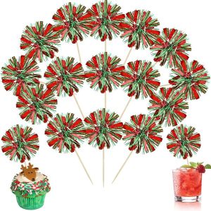 Red and Green Foil Firework Cupcake Toppers Gold Sparkle Tinsel Cake Toppers New Years Cake Decoration Cocktail Fruit Toothpick for Birthday Wedding Graduation Party 6 CT