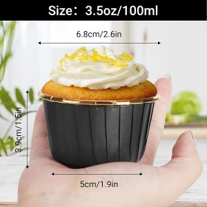 Black w/Gold Cupcake Liners, 3.5oz Disposable Muffin Foil Cupcake Ramekins, Aluminum Wrappers Paper Cake Containers Mini Cheesecakes Cups Dessert Holders for Birthday Wedding Party Festival  12 CT