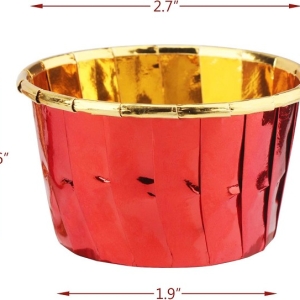 Red with Gold Cupcake Liners, 3.5oz Disposable Muffin Foil Cupcake Ramekins, Aluminum Wrappers Paper Cake Containers Mini Cheesecakes Cups Dessert Holders for Birthday Wedding Party Festival  12 CT
