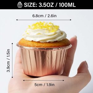 Rose Gold Cupcake Liners, 3.5oz Disposable Muffin Foil Cupcake Ramekins, Aluminum Wrappers Paper Cake Containers Mini Cheesecakes Cups Dessert Holders for Birthday Wedding Party Festival  12 CT