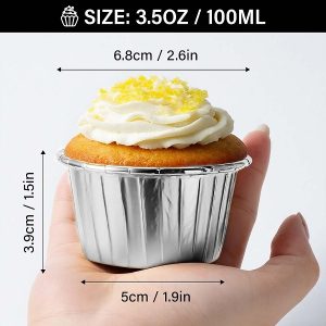Silver Cupcake Liners, 3.5oz Disposable Muffin Foil Cupcake Ramekins, Aluminum Wrappers Paper Cake Containers Mini Cheesecakes Cups Dessert Holders for Birthday Wedding Party Festival  12 CT