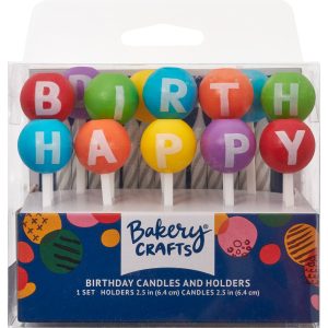 Happy Birthday Letter 3D Round Holders w/candle 6 count