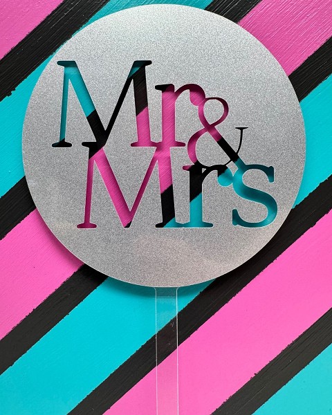 Mr & Mrs Block Script Silver Glitter Acrylic Wedding Topper each