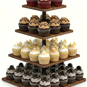 Square Wooden 4 Tier Cupcake Stand for 50 Cupcakes,Cupcake Holder,Cupcake Tower,Tiered Tray Stand for Birthday Bar Décor Weddings,Parties Events, Dark Brown